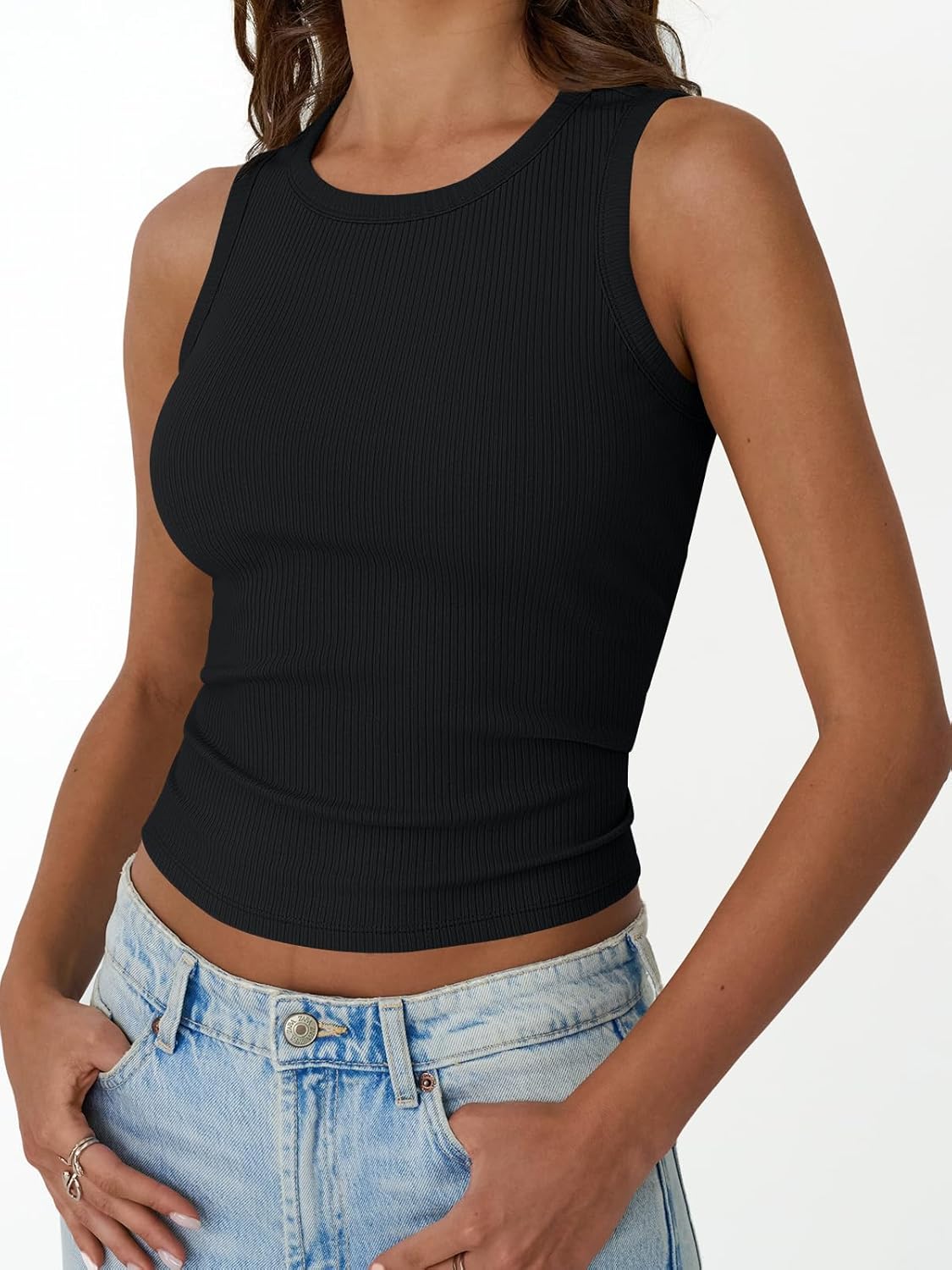 Womens Tank Tops Summer Workout Ribbed Sleeveless High Neck