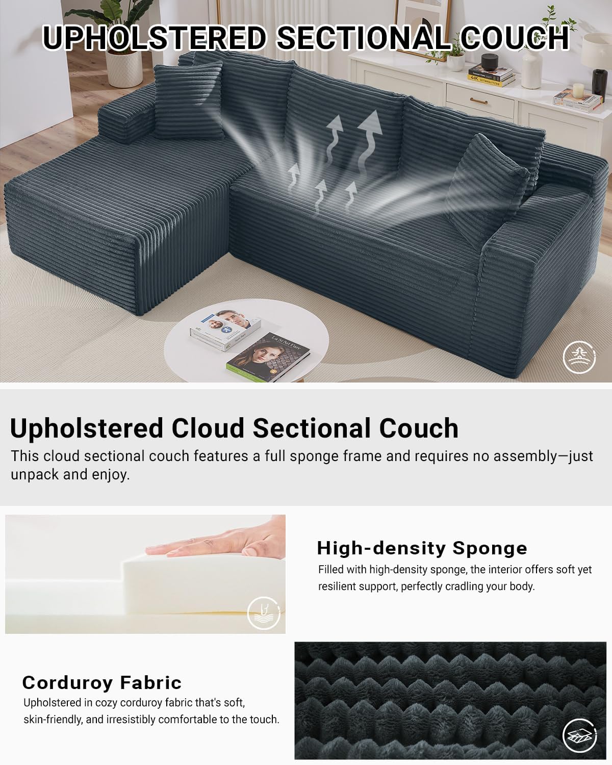 105 Inch Cloud Sectional Couch with Deep Seat