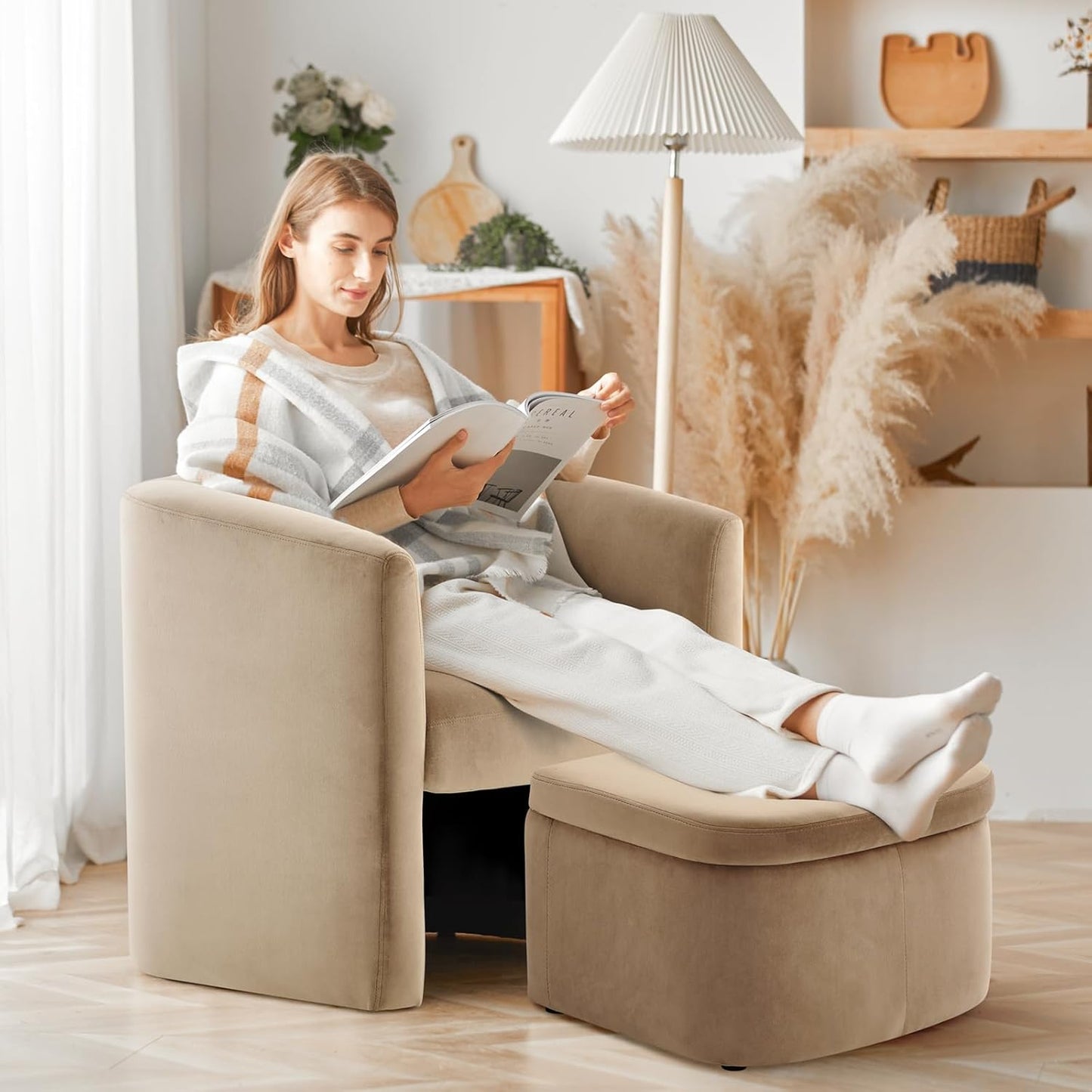 COLAMY Upholstered Velvet Barrel Accent Chair with Storage Ottoman
