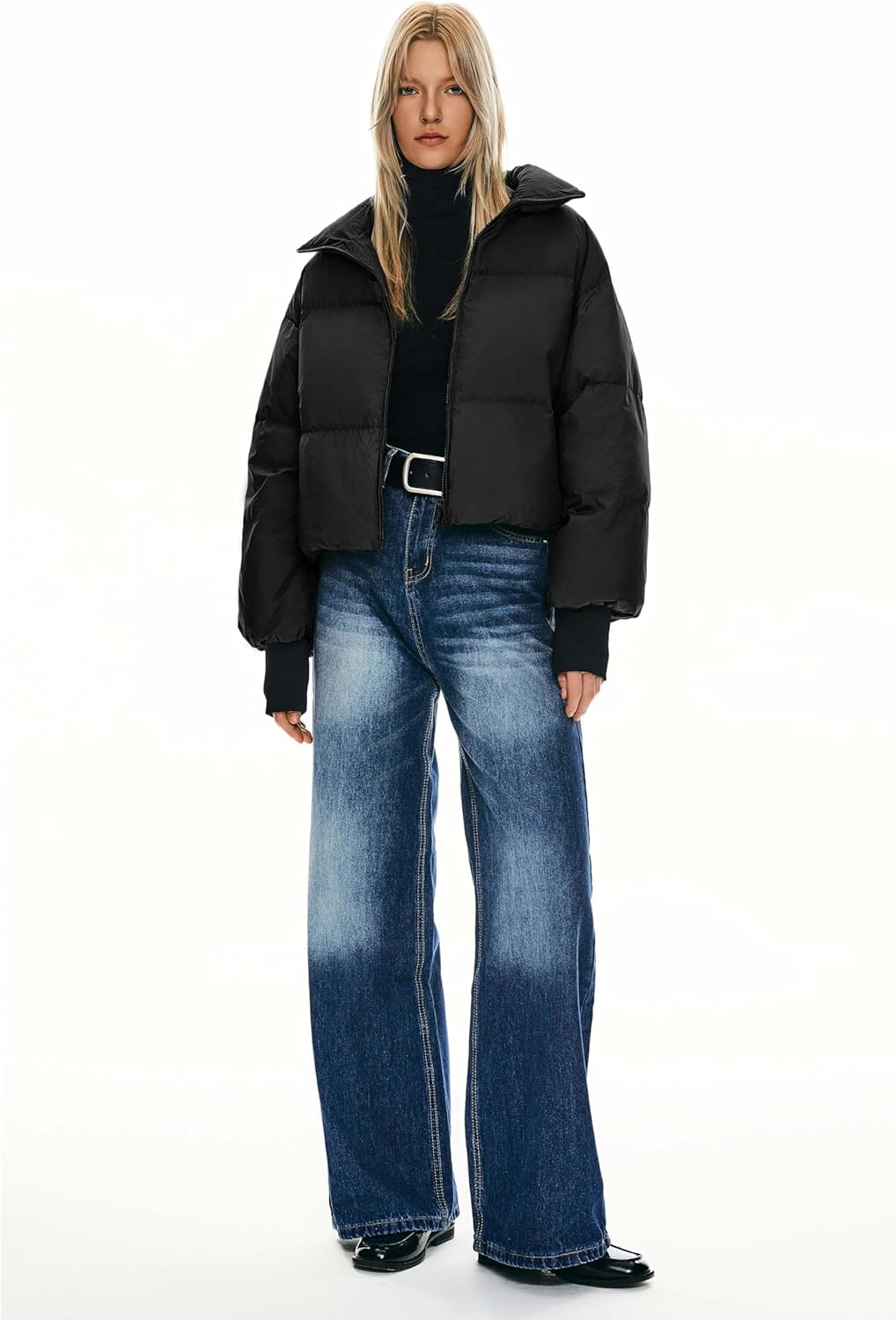 Womens Winter Oversized Cropped Puffer Jacket Zip Up Short Down Coat
