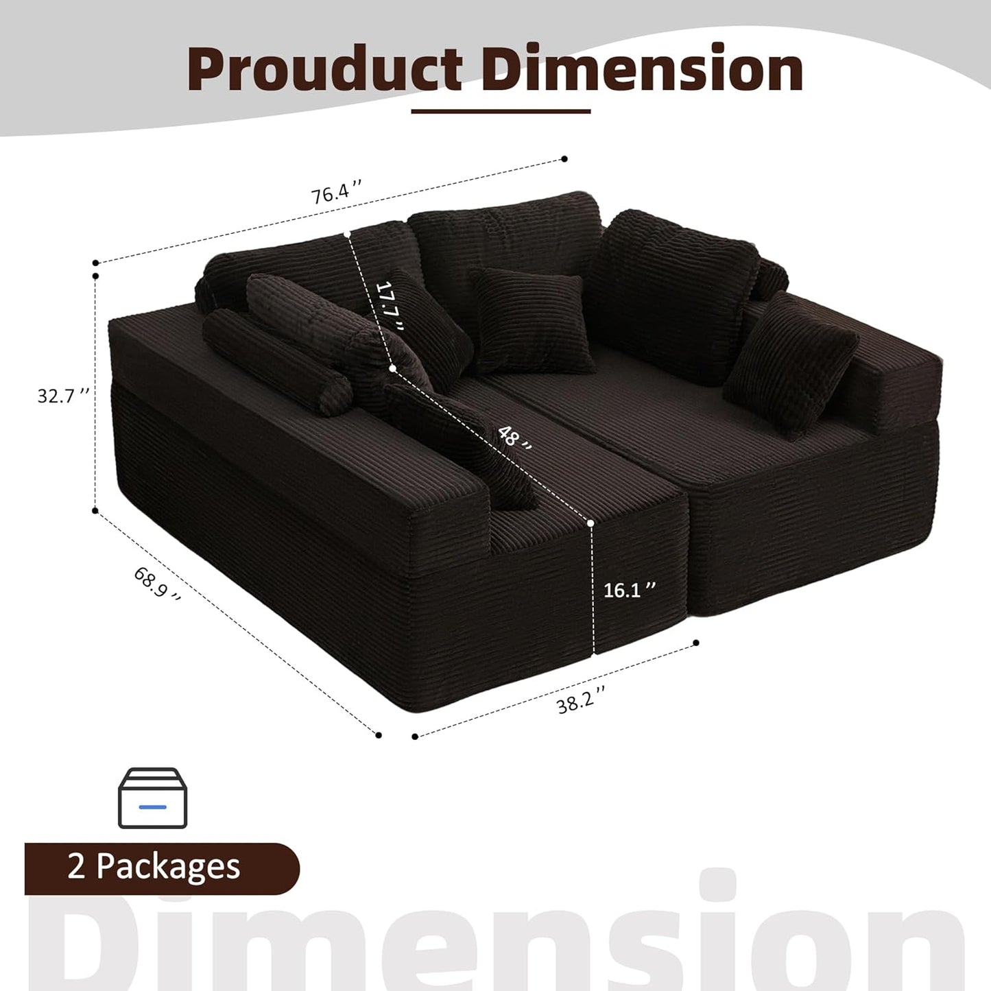 107" Boneless Couch with Deep Seat Cloud Sectional Couch for Living Room