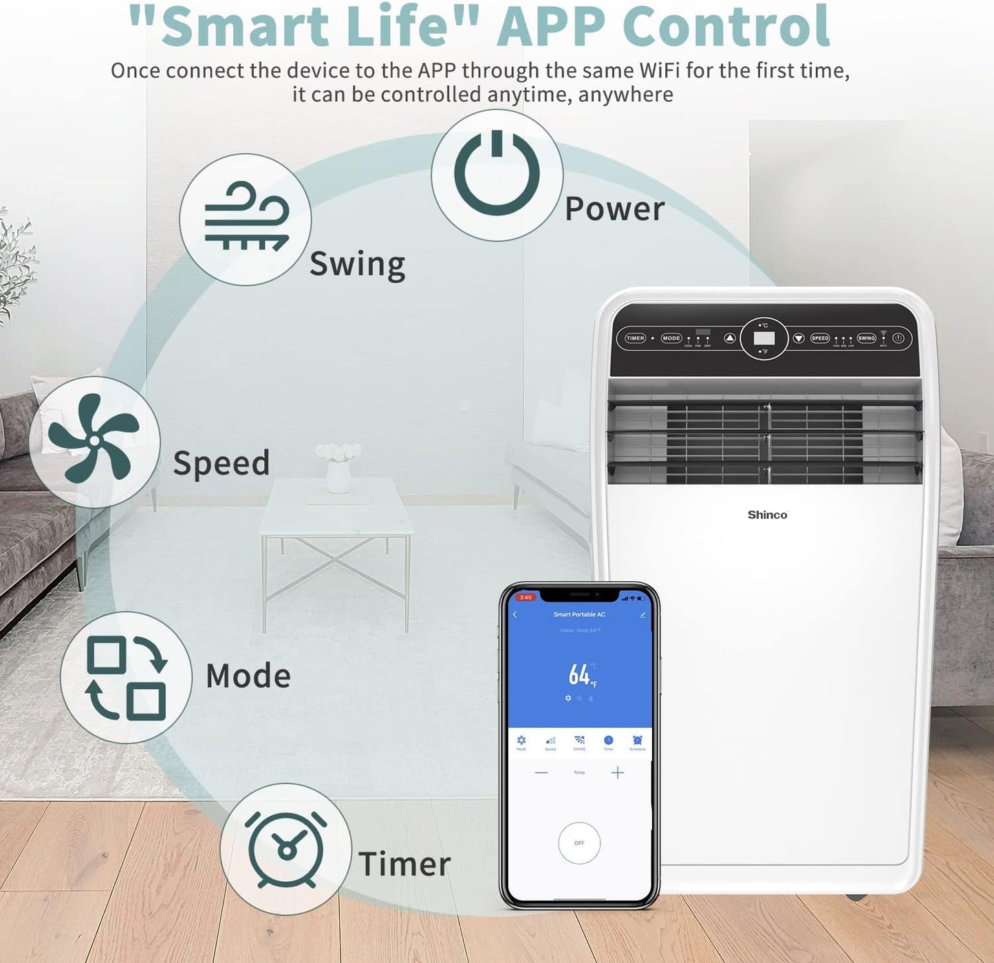 10,000 BTU Portable AC Wi-Fi Dehumidifier Fan Timer for 300 Sq.Ft with Window Kit