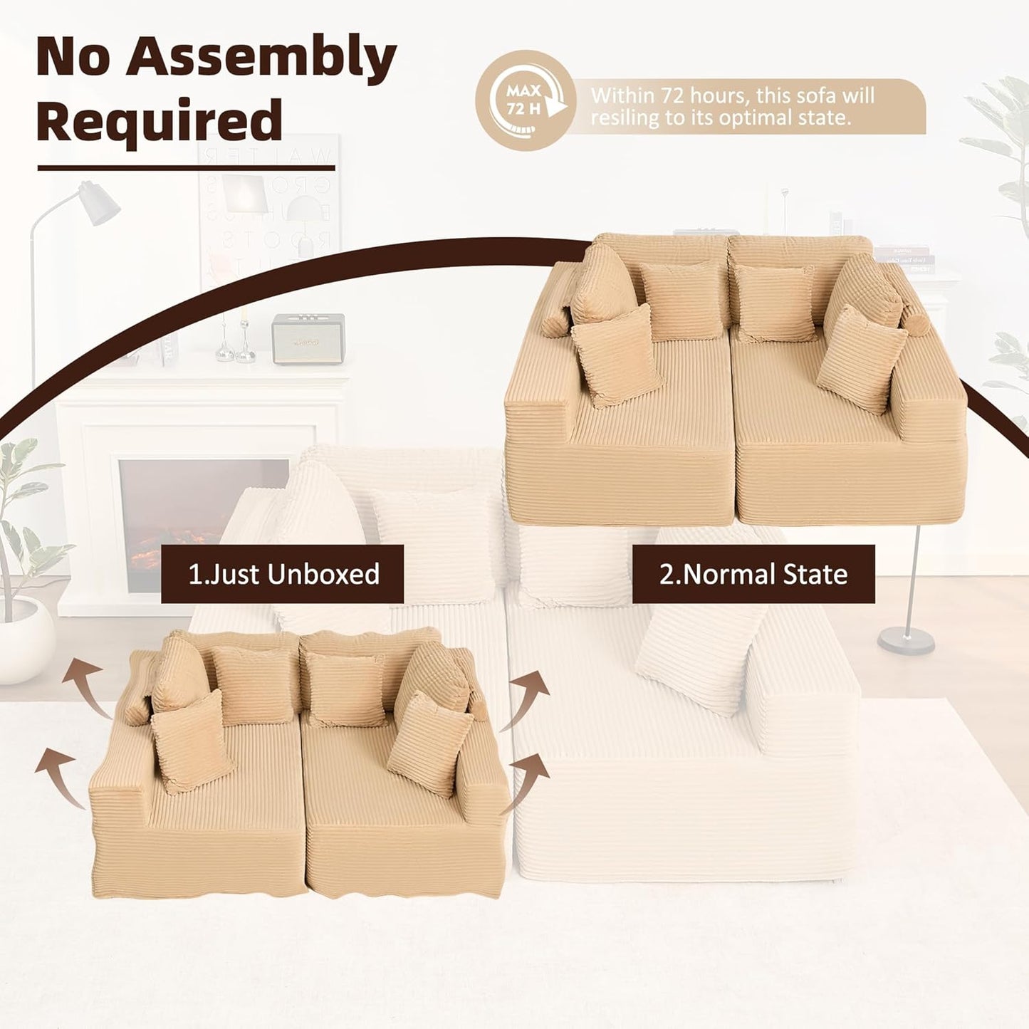 107" Boneless Couch with Deep Seat Cloud Sectional Couch for Living Room
