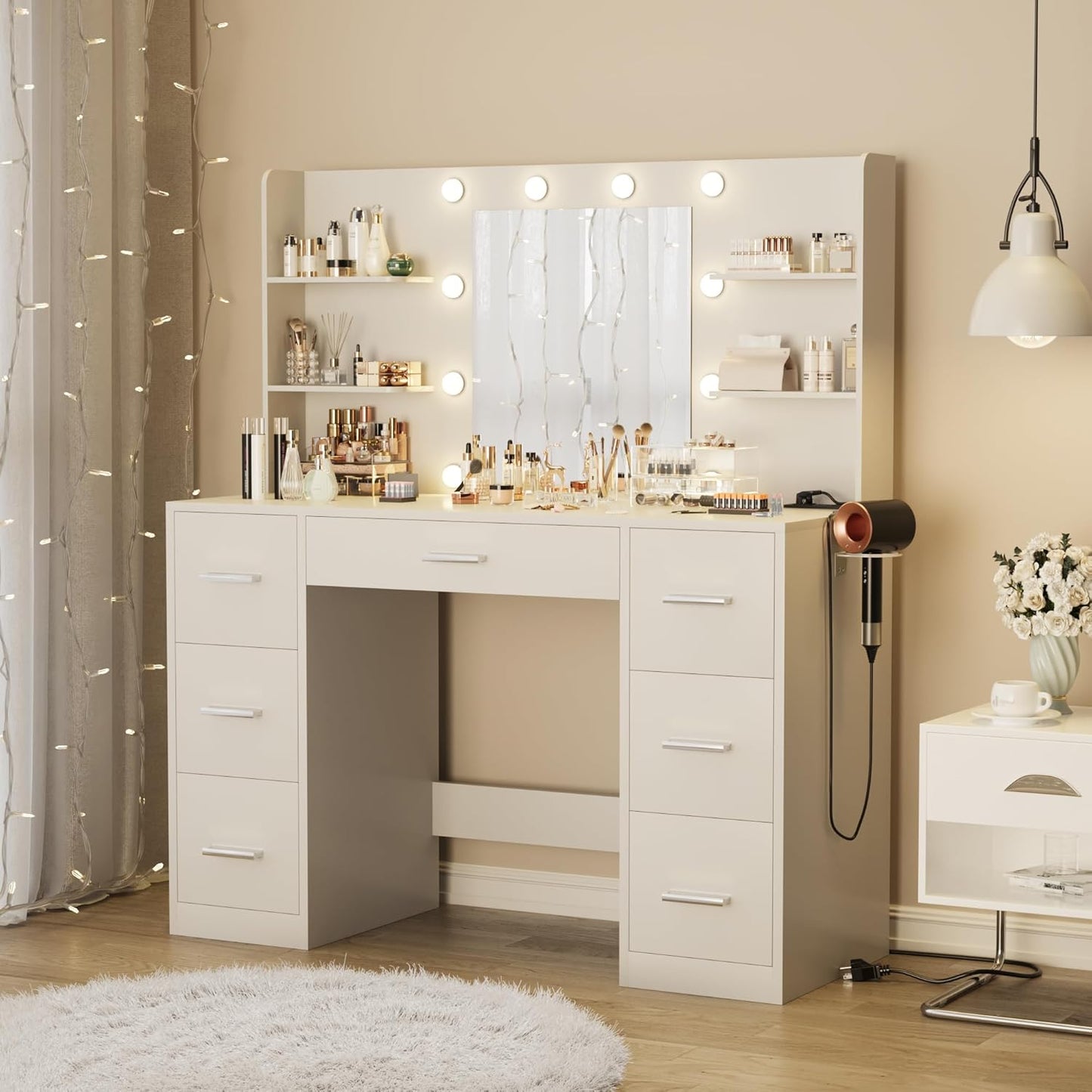 Furmax Vanity Desk with Mirror LED Lights and Power Outlet Makeup Vanity Table
