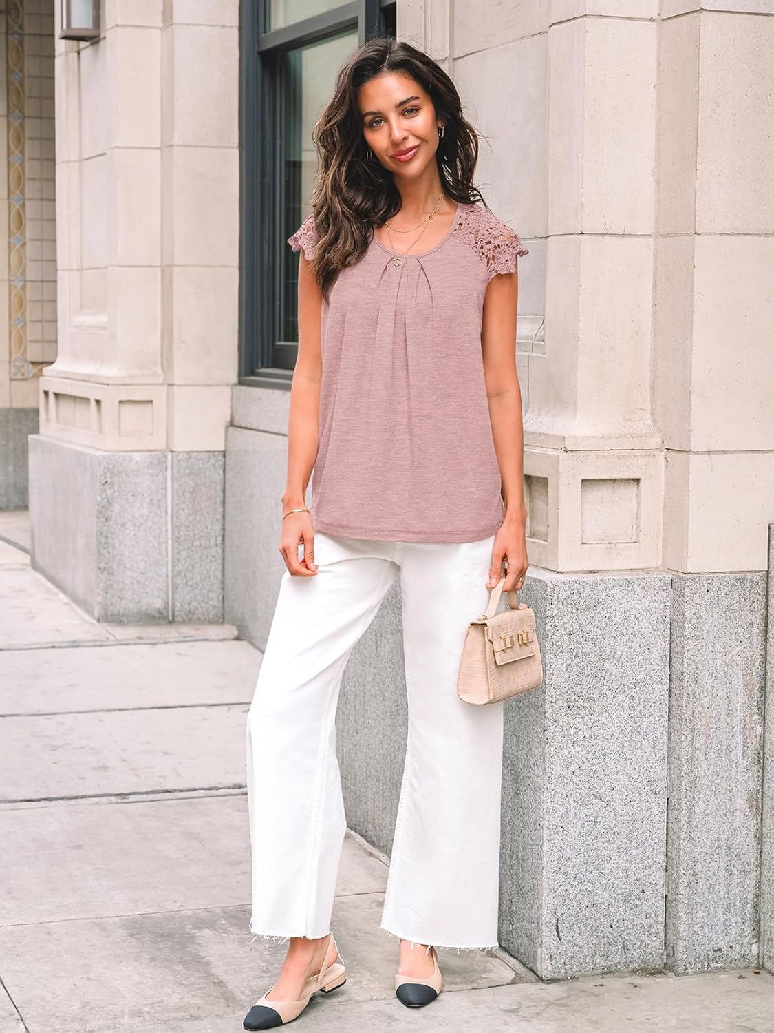 Womens Lace Tops Pleated Short Sleeve Shirts Summer