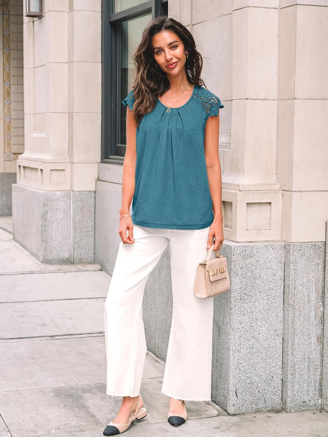 Womens Lace Tops Pleated Short Sleeve Shirts Summer