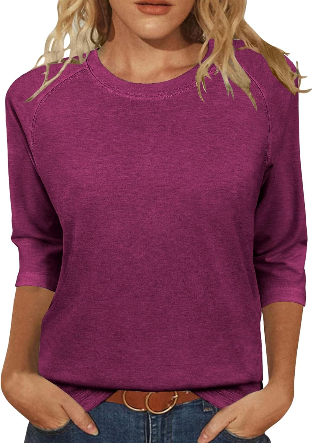 3/4 Sleeve Crew Neck Shirts Loose Fit Tunic Blouses Summer Tees