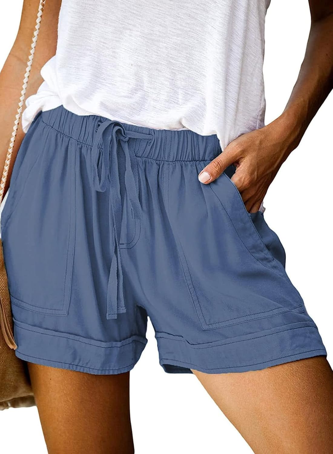 Womens Shorts Summer Comfy Cotton Elastic Waist Drawstring Casual Shorts with Pockets