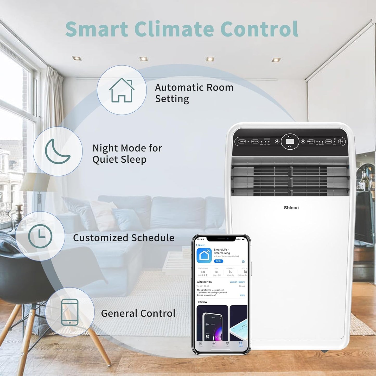 10,000 BTU Portable AC Wi-Fi Dehumidifier Fan Timer for 300 Sq.Ft with Window Kit