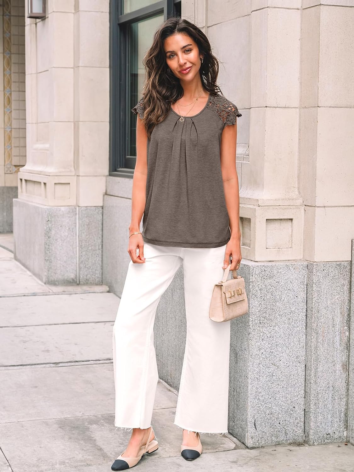 Womens Lace Tops Pleated Short Sleeve Shirts Summer
