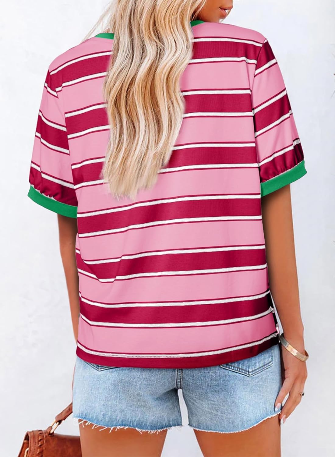 Womens Tops Cotton Casual Color Block Striped Short Sleeve Shirts Crewneck T Shirts