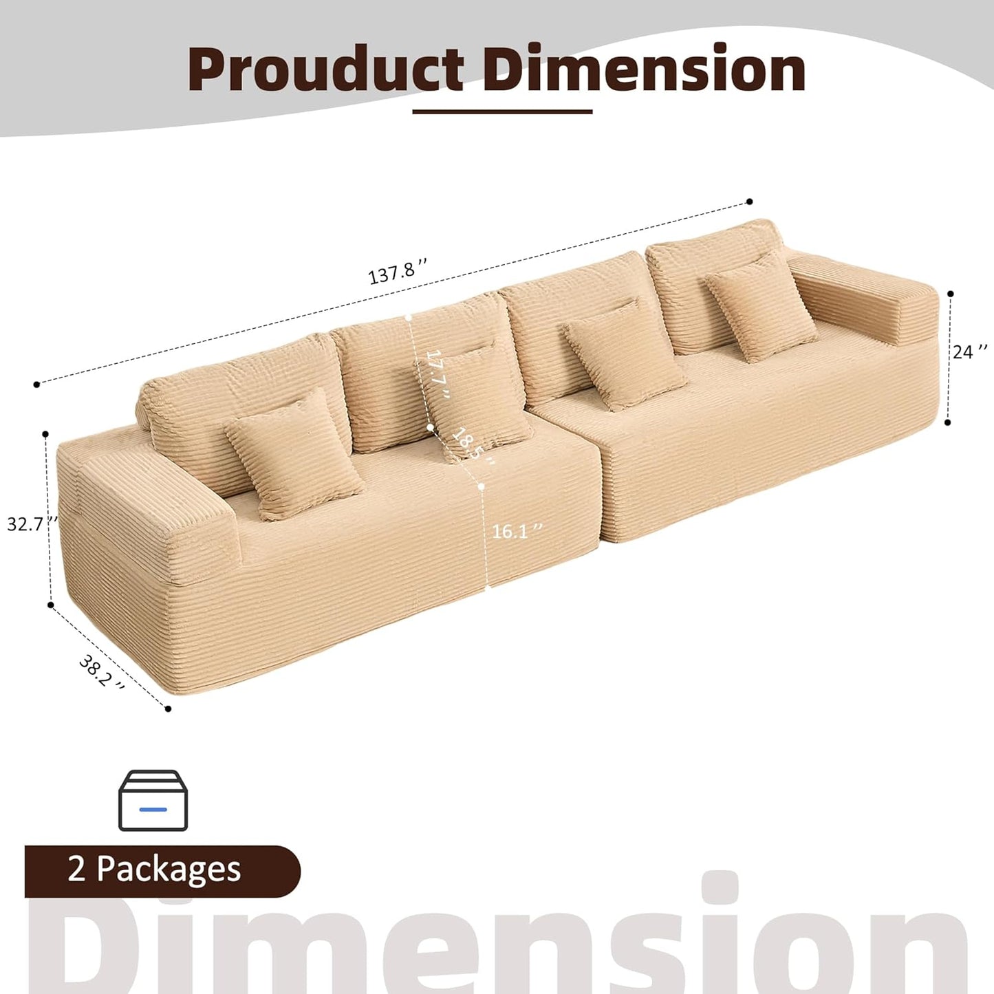 107" Boneless Couch with Deep Seat Cloud Sectional Couch for Living Room