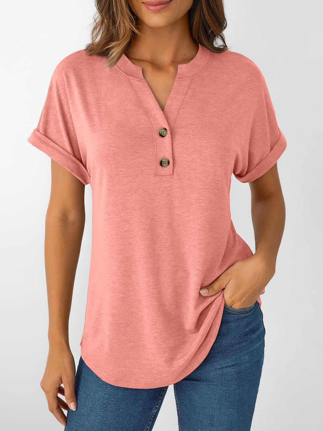 Women's Short Sleeve Shirts Henley Dressy Casual Summer Tops