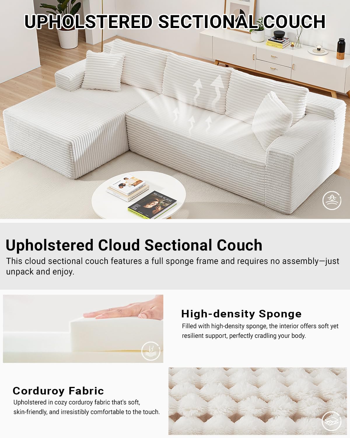 105 Inch Cloud Sectional Couch with Deep Seat