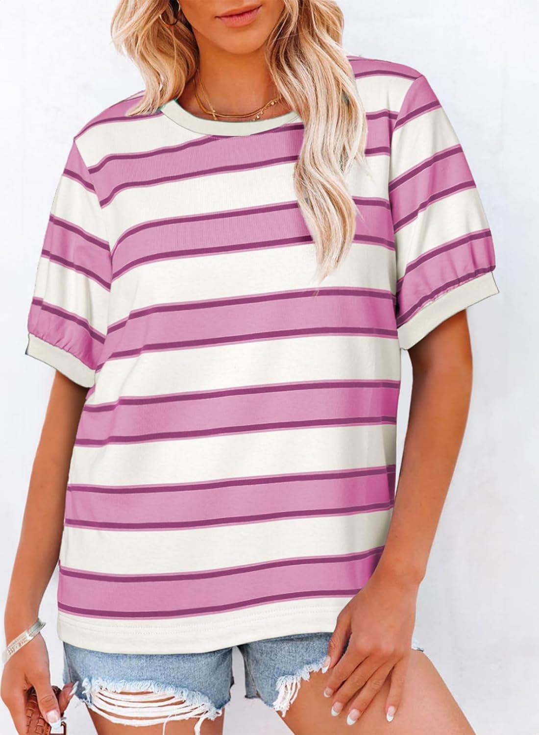Striped Color Block Short Sleeve T-Shirts Crewneck Casual Loose Basic Tee Blouses