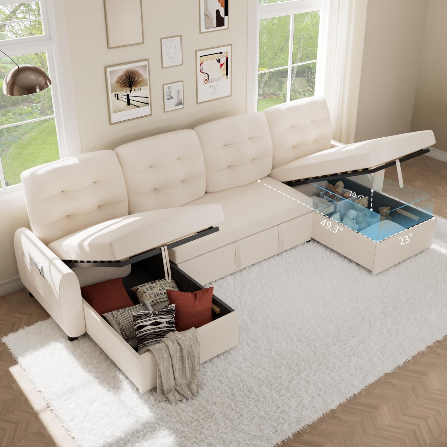 Sectional Sleeper Sofa with Storage Chaise USB Port, Side Pocket Removable Back 87" Couch in Black Linen