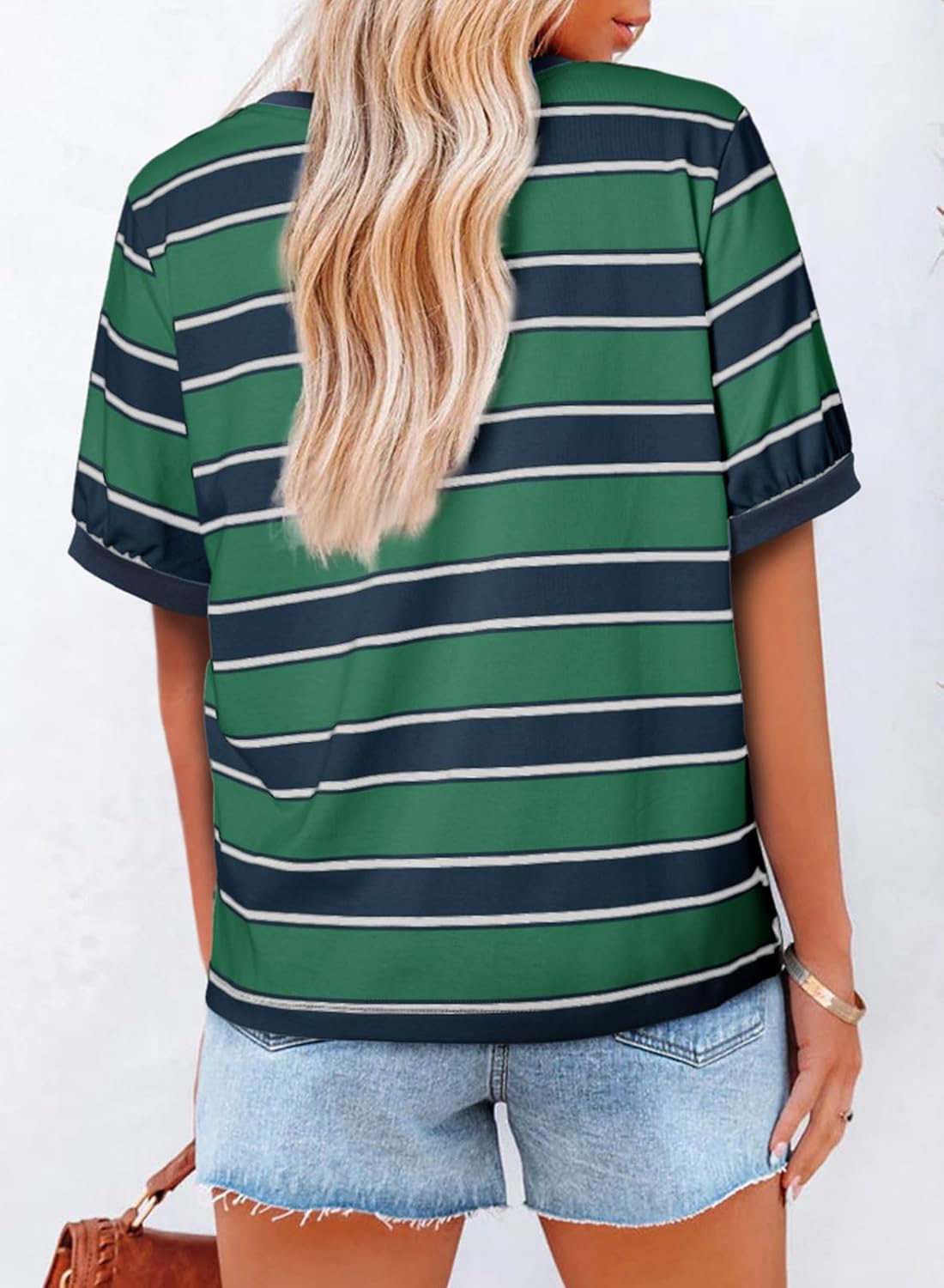 Striped Color Block Short Sleeve T-Shirts Crewneck Casual Loose Basic Tee Blouses