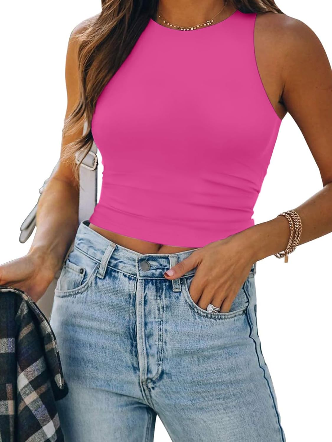 Womens Double Lined Crop Tank Tops Casual Basic Shirts Sleeveless Tops