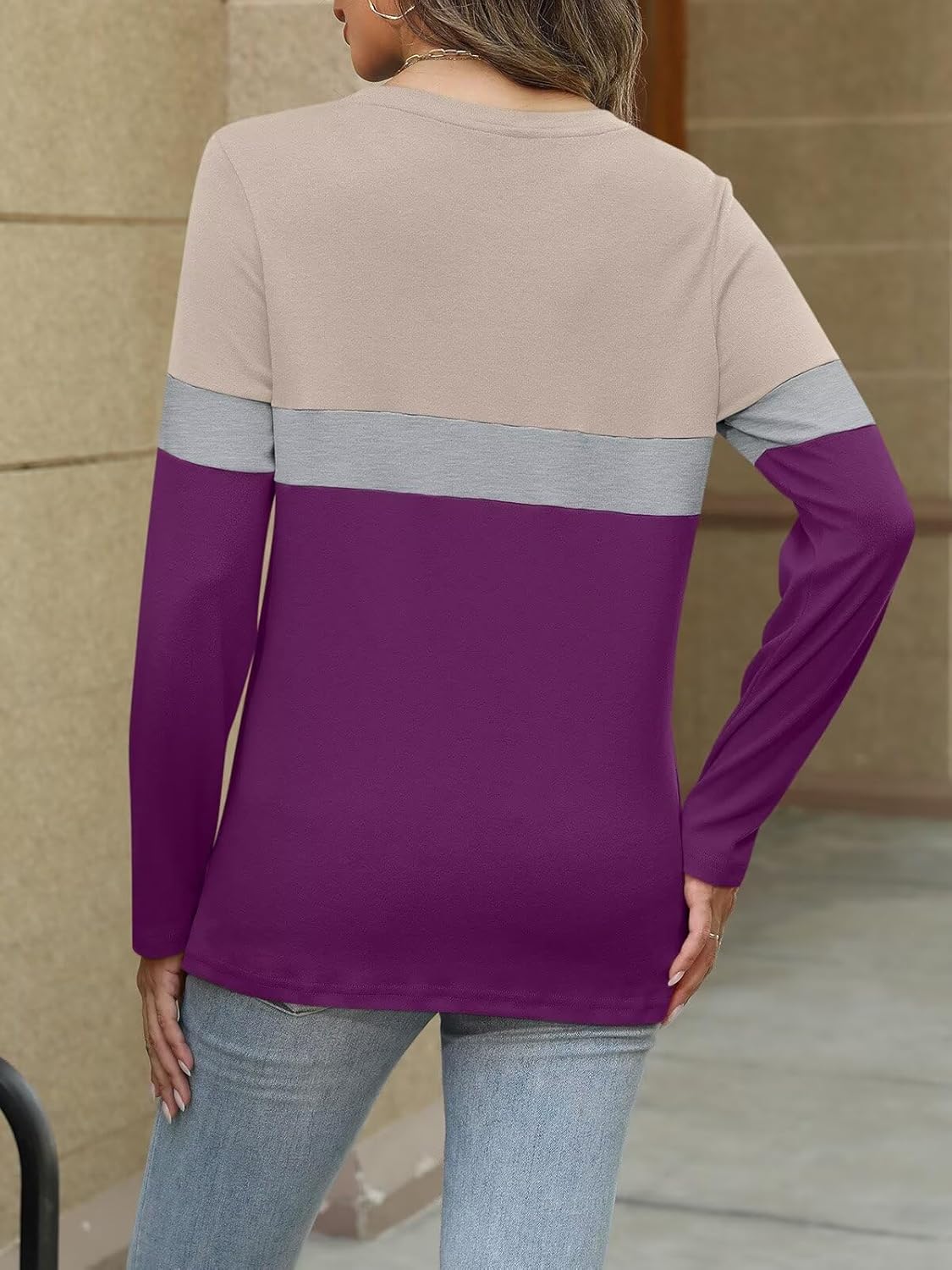 Women Long Sleeve Color Block Tunics Tops Round Neck Shirts Casual Blouses