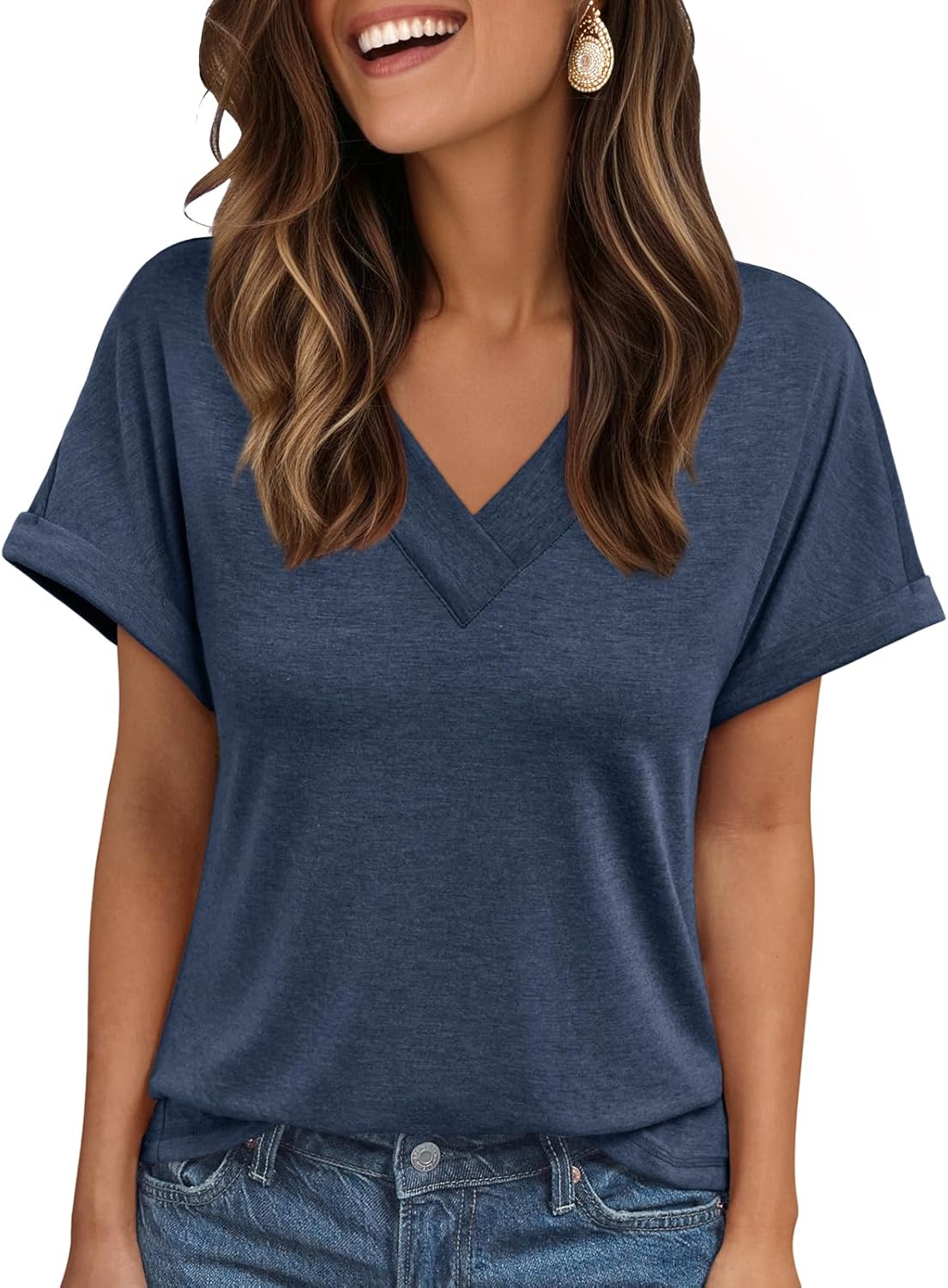 Womens Tops Short Sleeve T Shirt Summer V Neck Casual Top