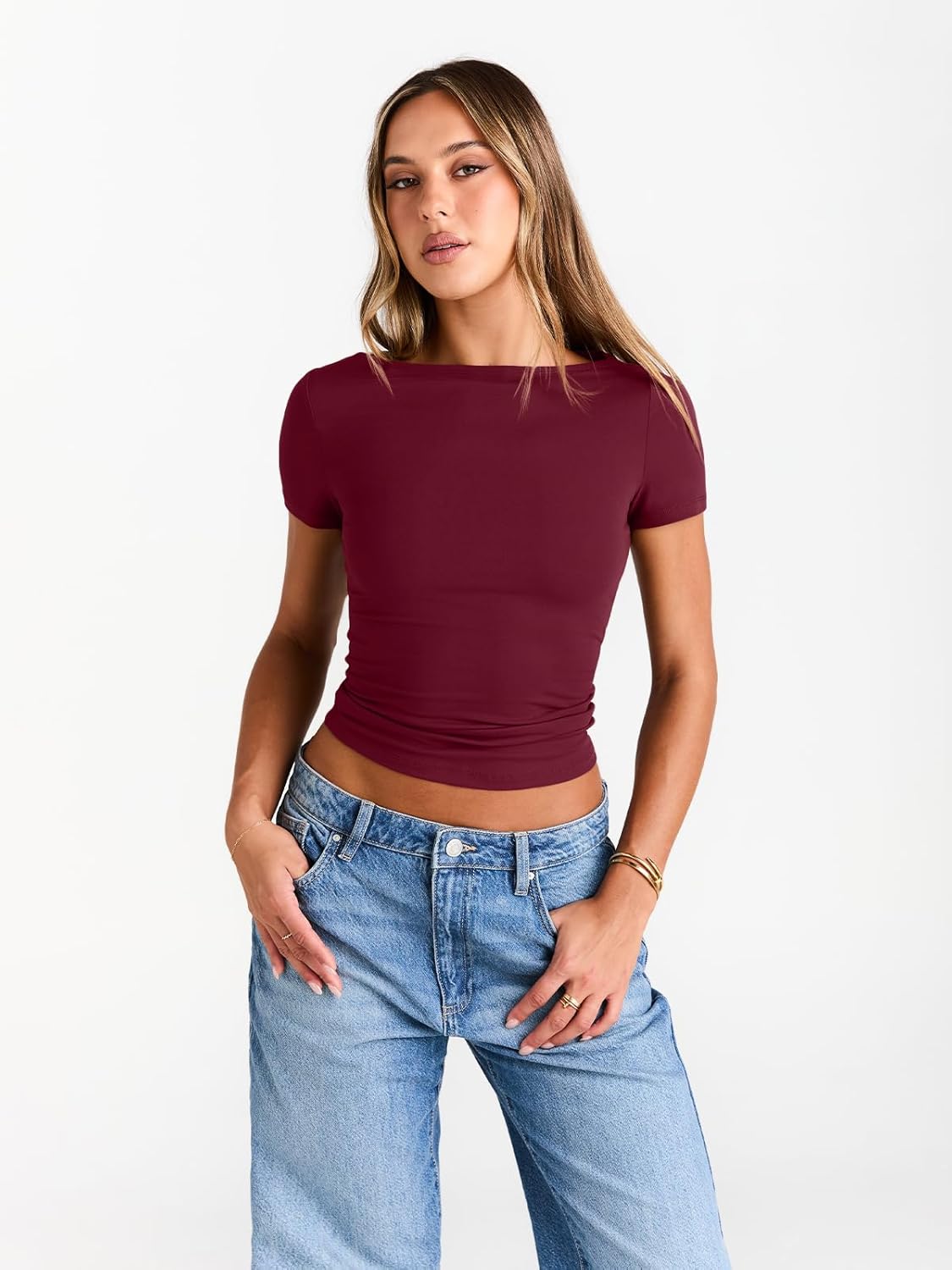 Womens Boat Neck Tops Short Sleeve T-Shirts Slim Fitted Compression