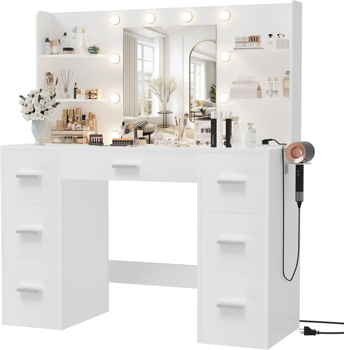 Furmax Vanity Desk with Mirror LED Lights and Power Outlet Makeup Vanity Table