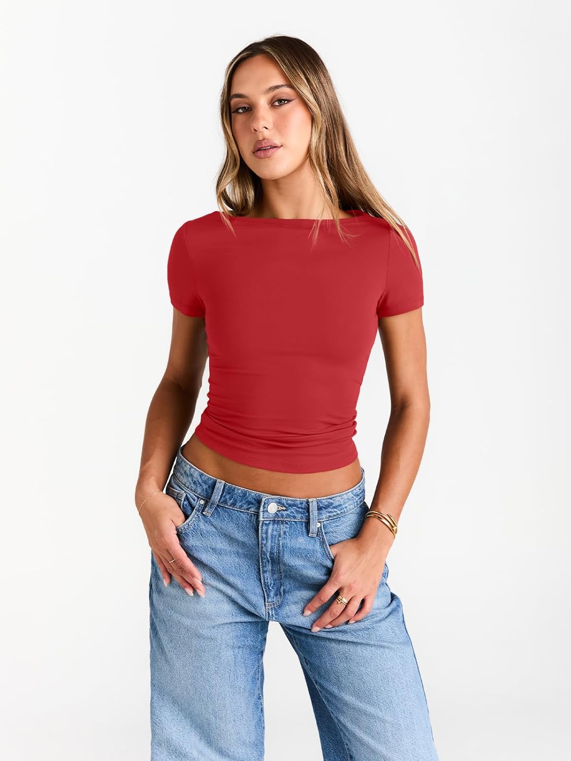 Womens Boat Neck Tops Short Sleeve T-Shirts Slim Fitted Compression