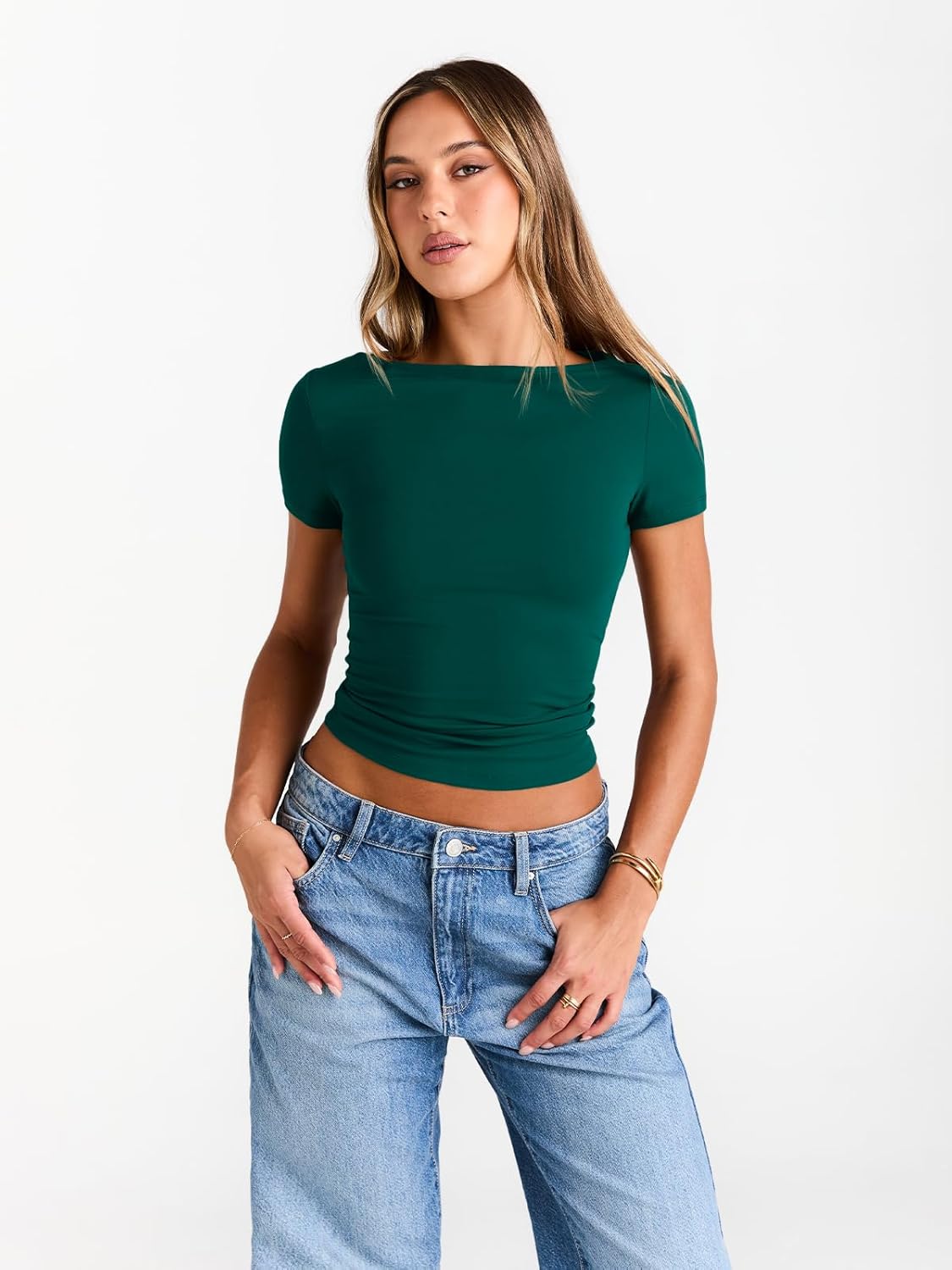 Womens Boat Neck Tops Short Sleeve T-Shirts Slim Fitted Compression