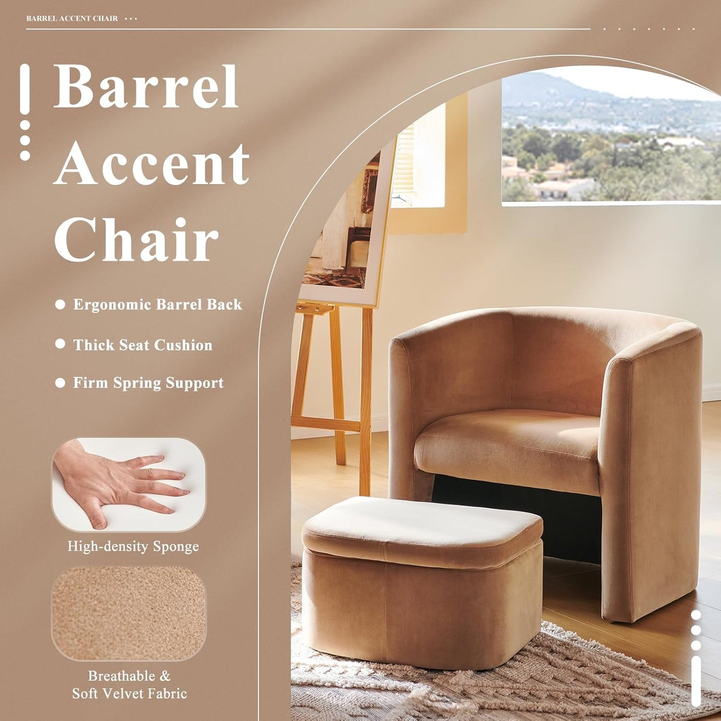 COLAMY Upholstered Velvet Barrel Accent Chair with Storage Ottoman