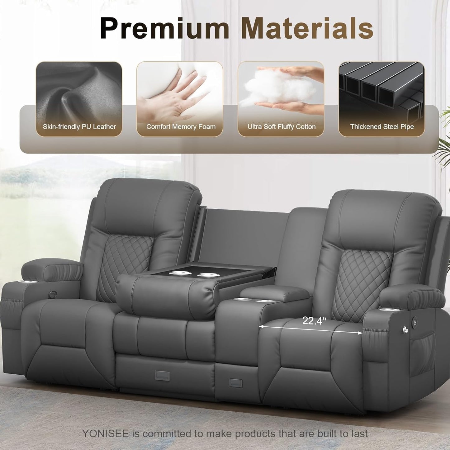 YONISEE 3 Seat Recliner Sofa, Large Reclining Sofa with Storage Console, Manual Reclining Chair with USB Ports, 2 Cell Phone Holder, 3 Seater Loveseat Recliner Couch for Living Room