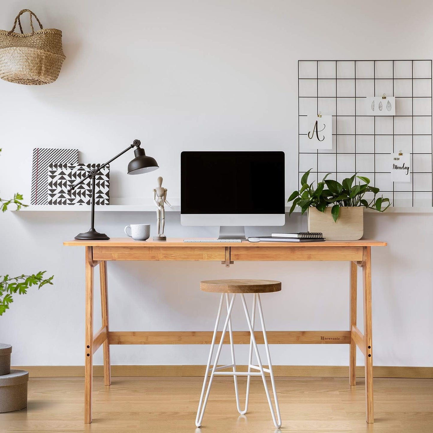 Writing Computer Desk 46" Bamboo Home Office Table with 2 Drawers