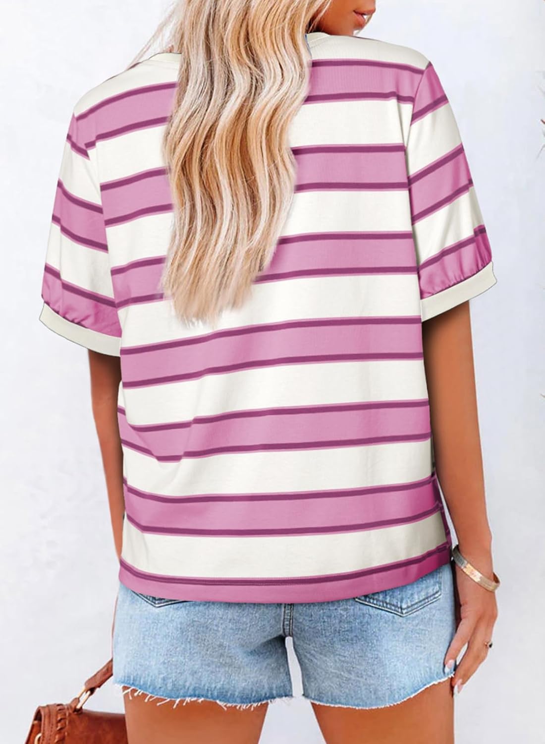 Striped Color Block Short Sleeve T-Shirts Crewneck Casual Loose Basic Tee Blouses