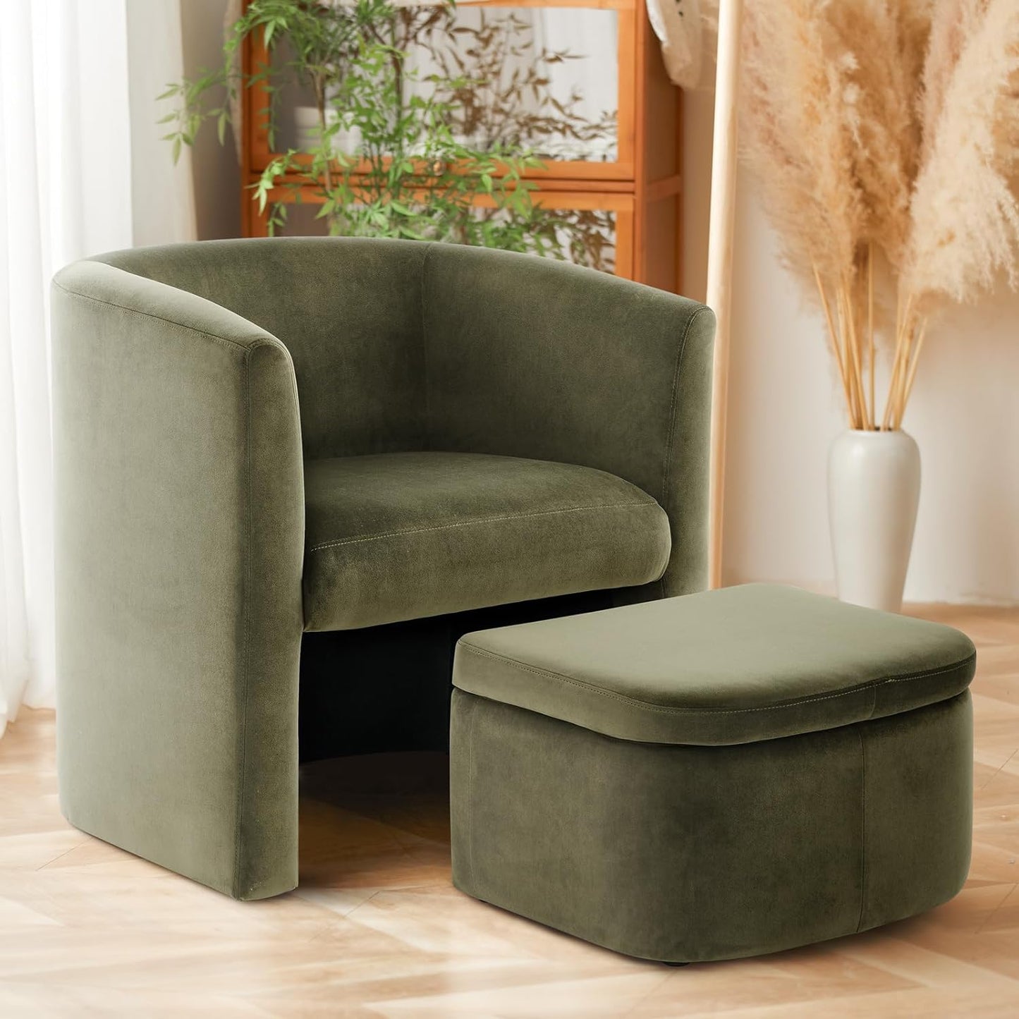 COLAMY Upholstered Velvet Barrel Accent Chair with Storage Ottoman