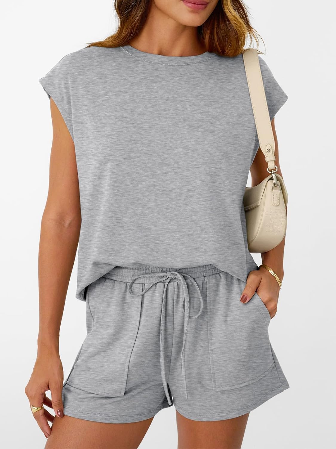 Womens Crew Neck Two Piece short Sets Cap Sleeve Drawstring Sweatsuit with Pocket