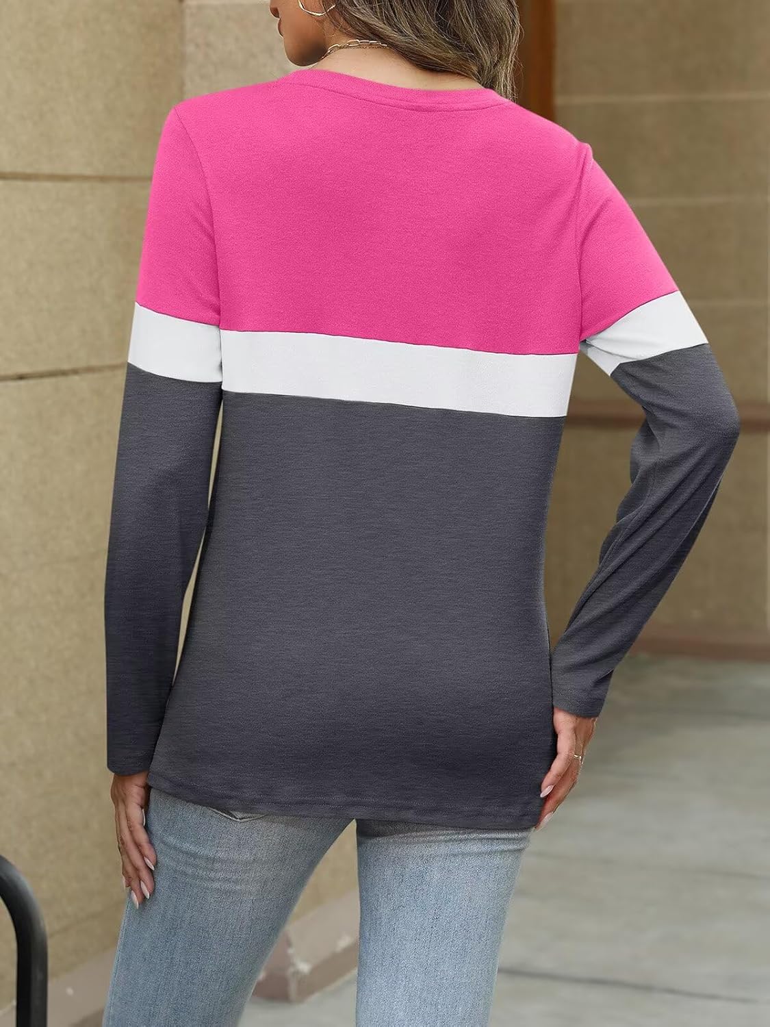 Women Long Sleeve Color Block Tunics Tops Round Neck Shirts Casual Blouses