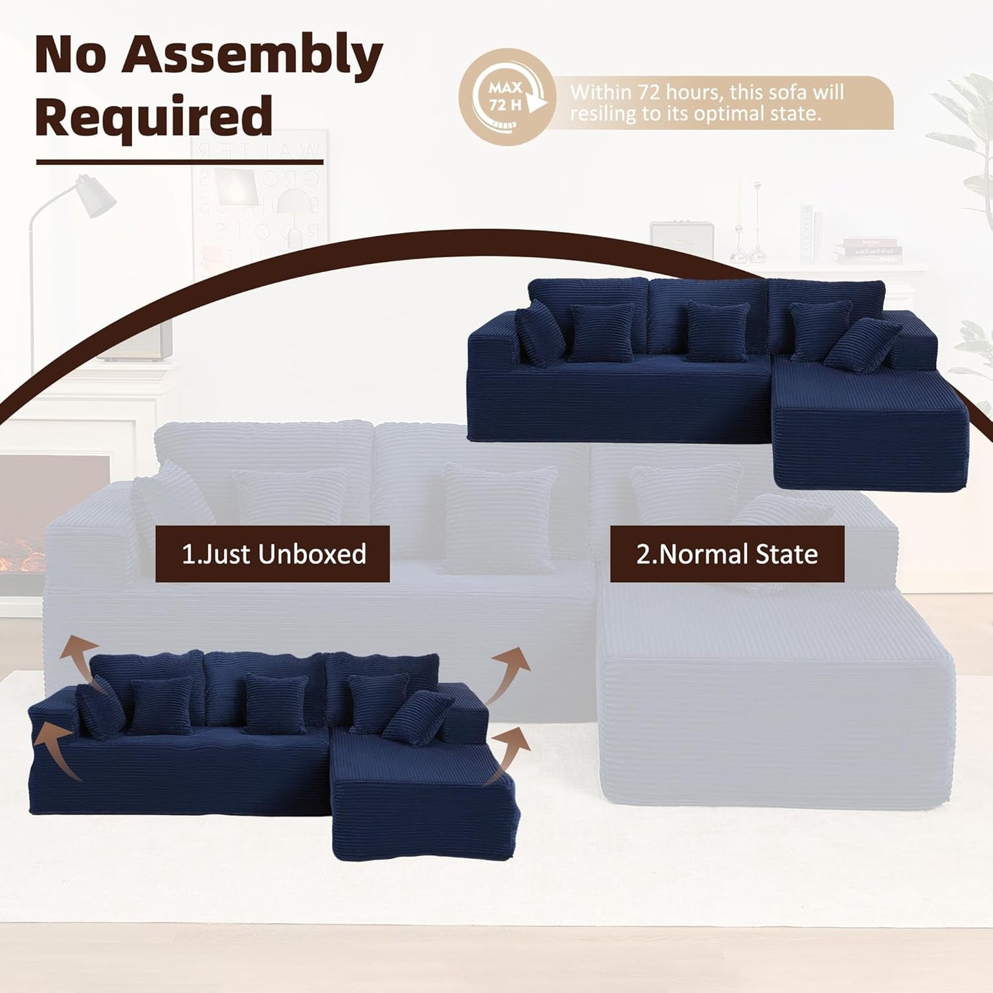 107" Boneless Couch with Deep Seat Cloud Sectional Couch for Living Room