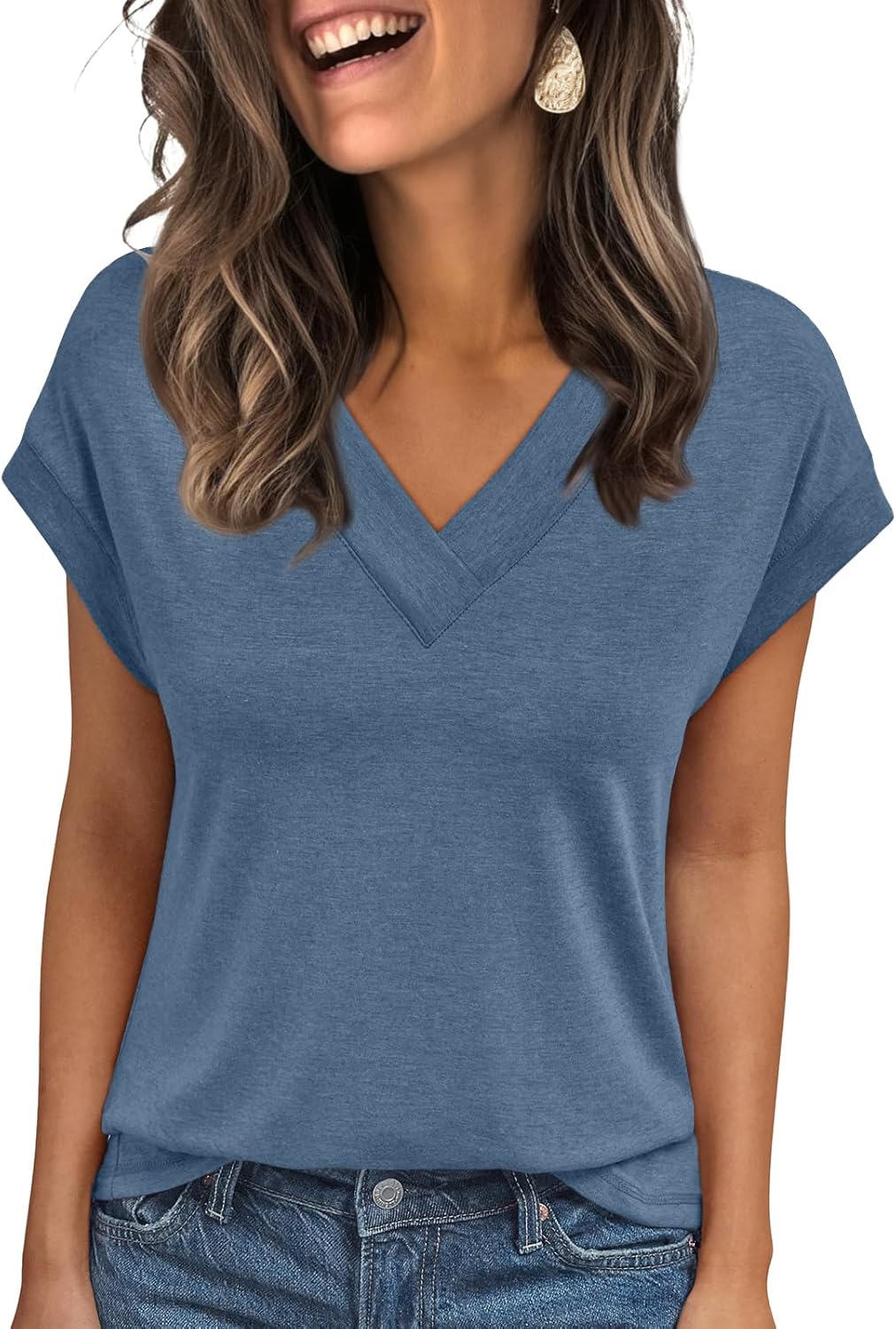 Womens Cap Short Sleeve T Shirts Summer Tops V Neck