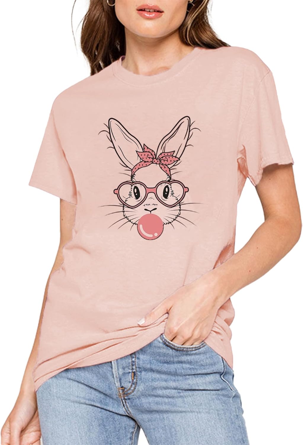 Funny Bunny Print T Shirt for Women Cute Grapic Leopard Shirts Family Blouse Gifts Easter Tops Tee