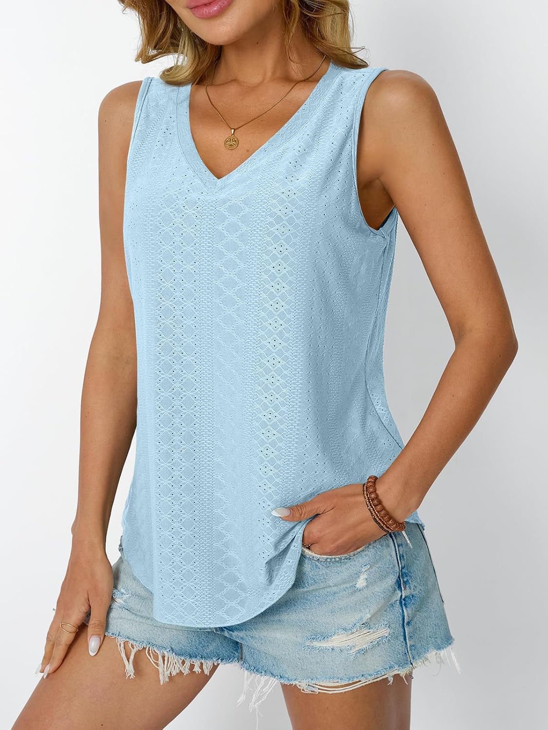 Womens Summer Tank Top Eyelet Embroidery V Neck Sleeveless Loose Fit Casual Shirt