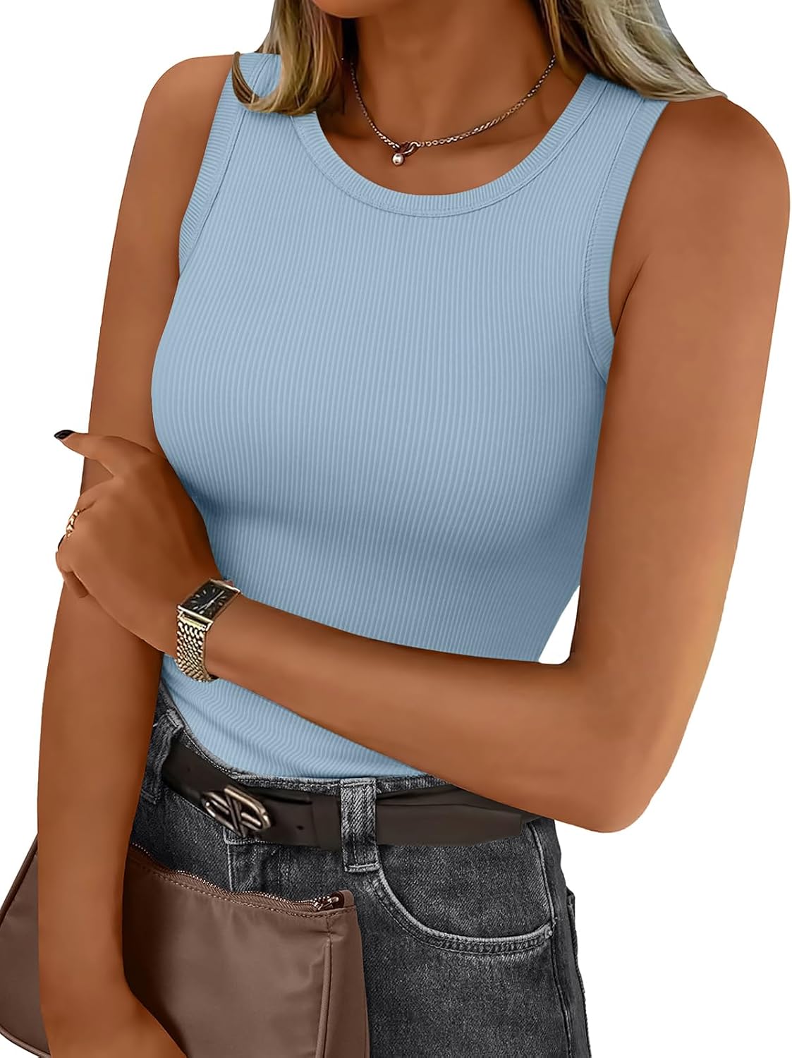 Womens Tank Tops Summer Workout Ribbed Sleeveless High Neck
