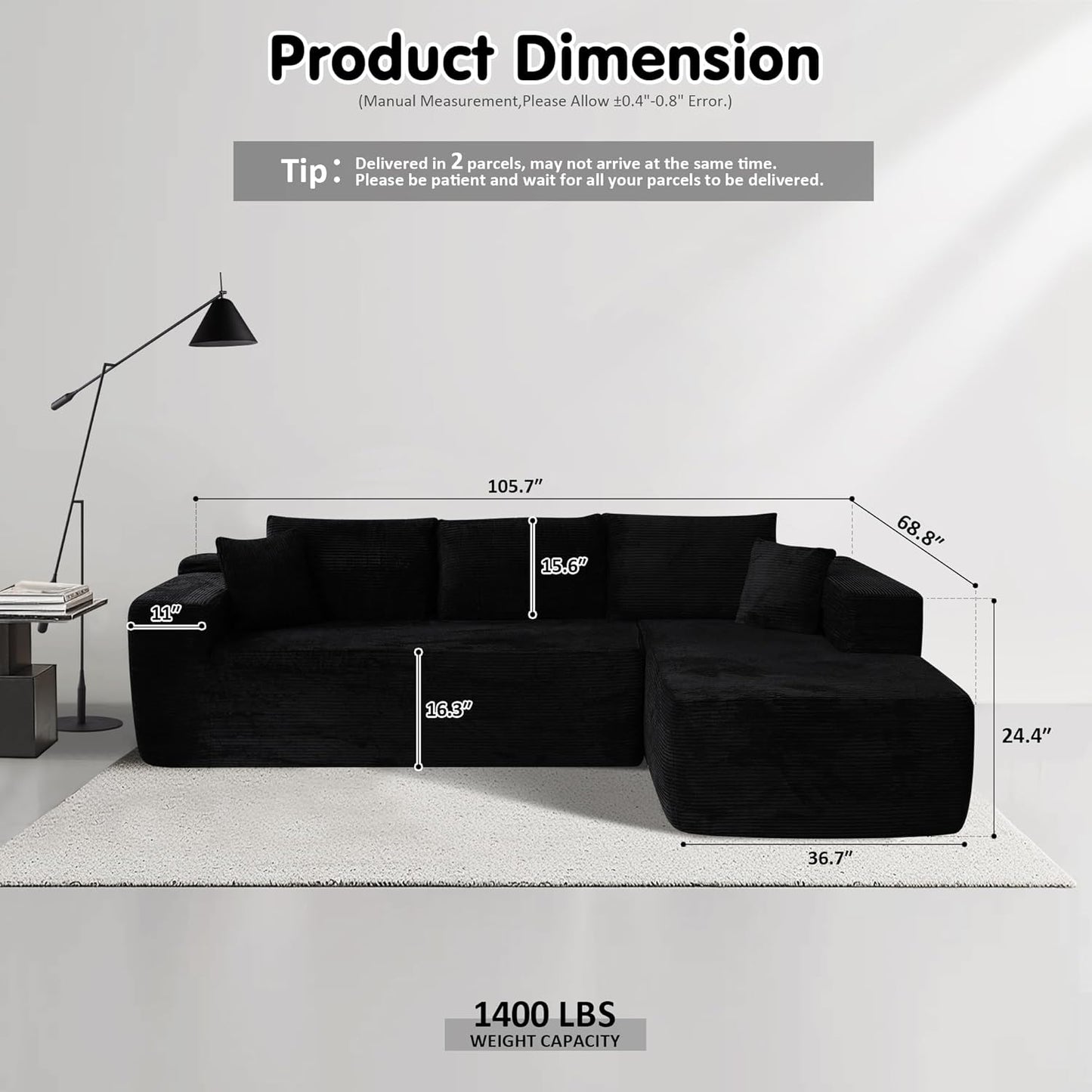 104" Cloud Sectional Couch with L-Shape Chaise