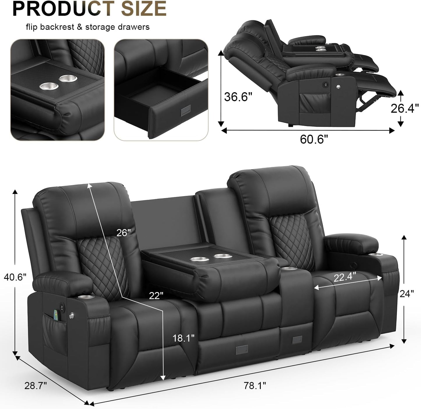 YONISEE 3 Seat Recliner Sofa, Large Reclining Sofa with Storage Console, Manual Reclining Chair with USB Ports, 2 Cell Phone Holder, 3 Seater Loveseat Recliner Couch for Living Room