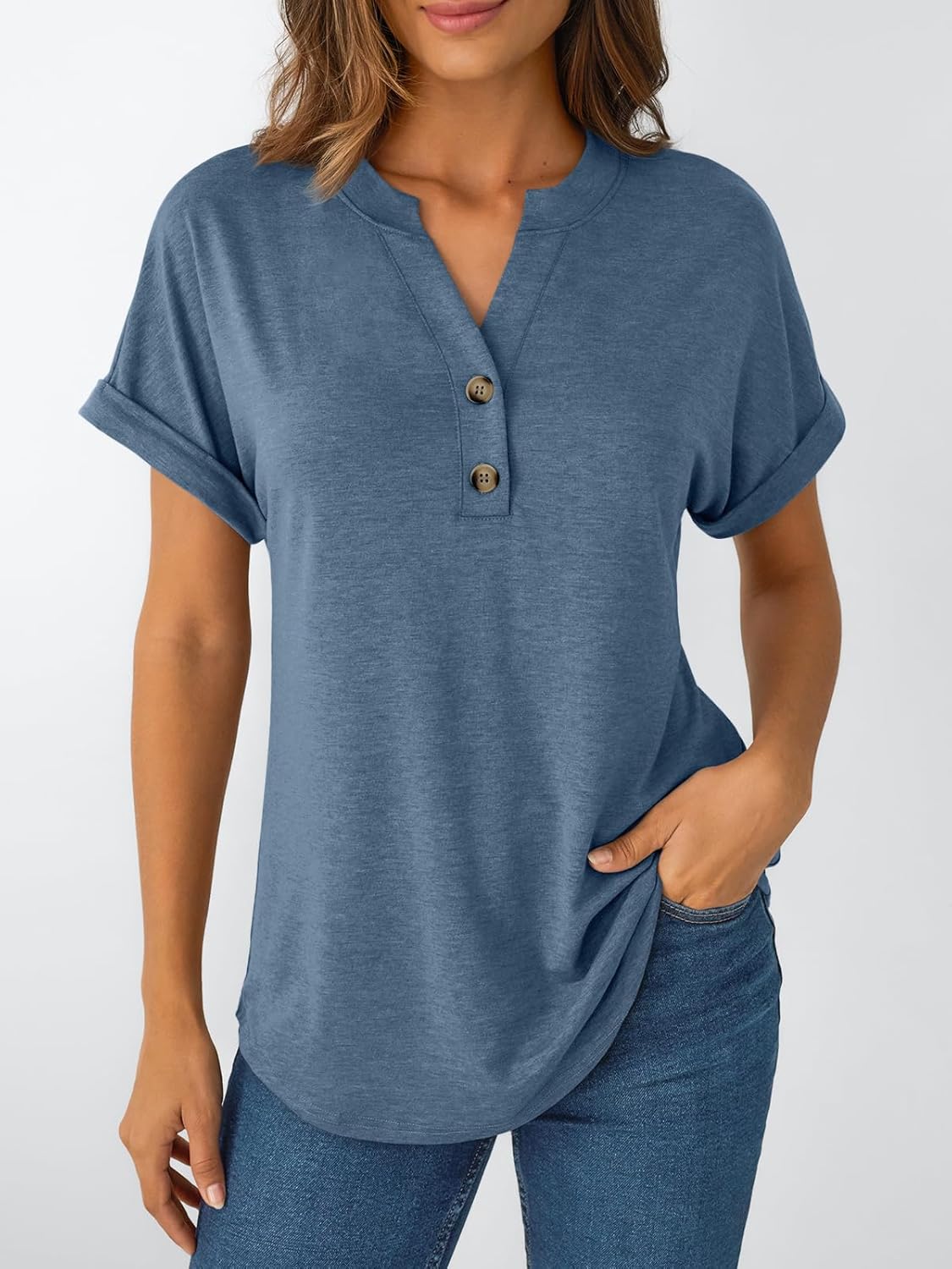 Women's Short Sleeve Shirts Henley Dressy Casual Summer Tops