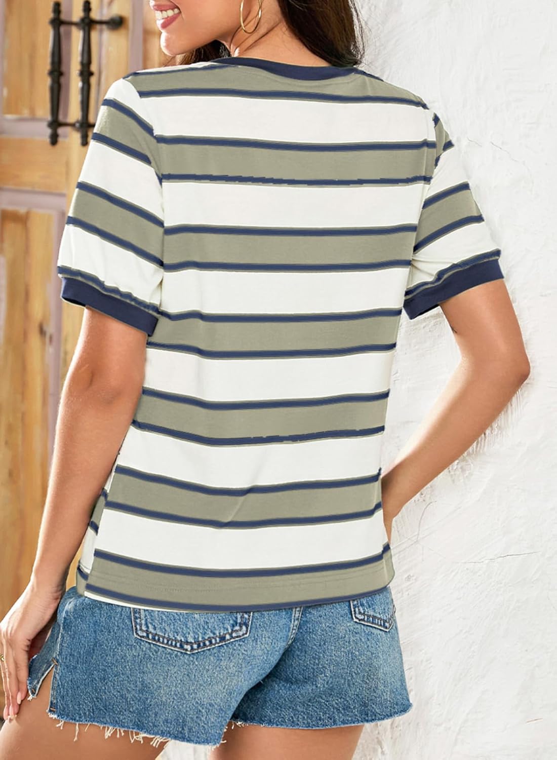 Striped Color Block Short Sleeve T-Shirts Crewneck Casual Loose Basic Tee Blouses