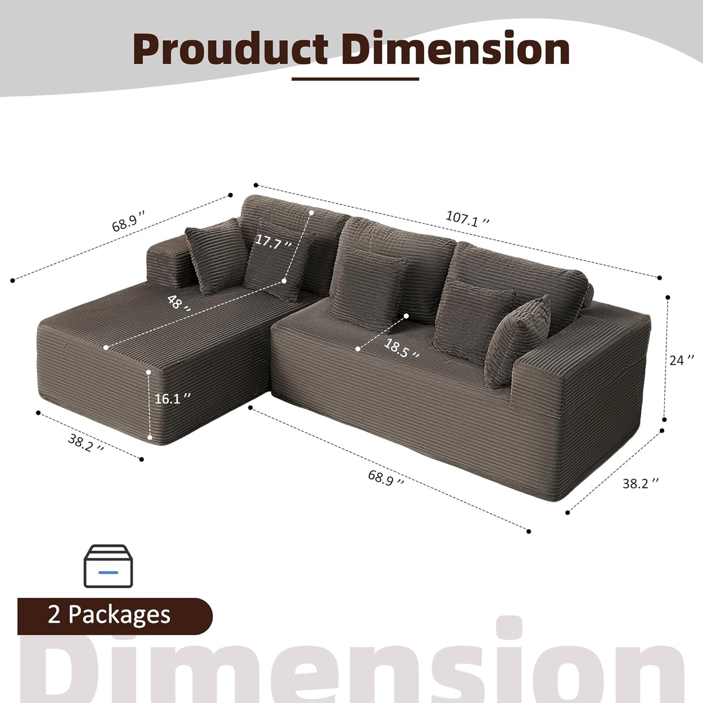 107" Boneless Couch with Deep Seat Cloud Sectional Couch for Living Room
