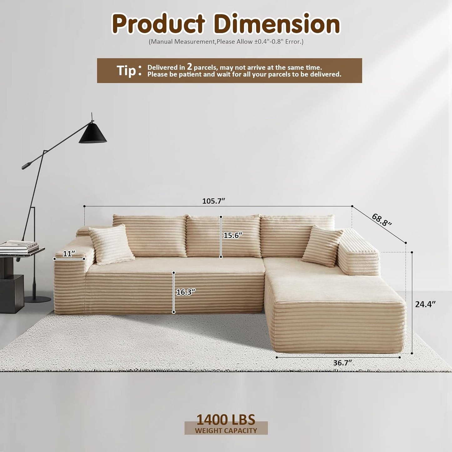 104" Cloud Sectional Couch with L-Shape Chaise
