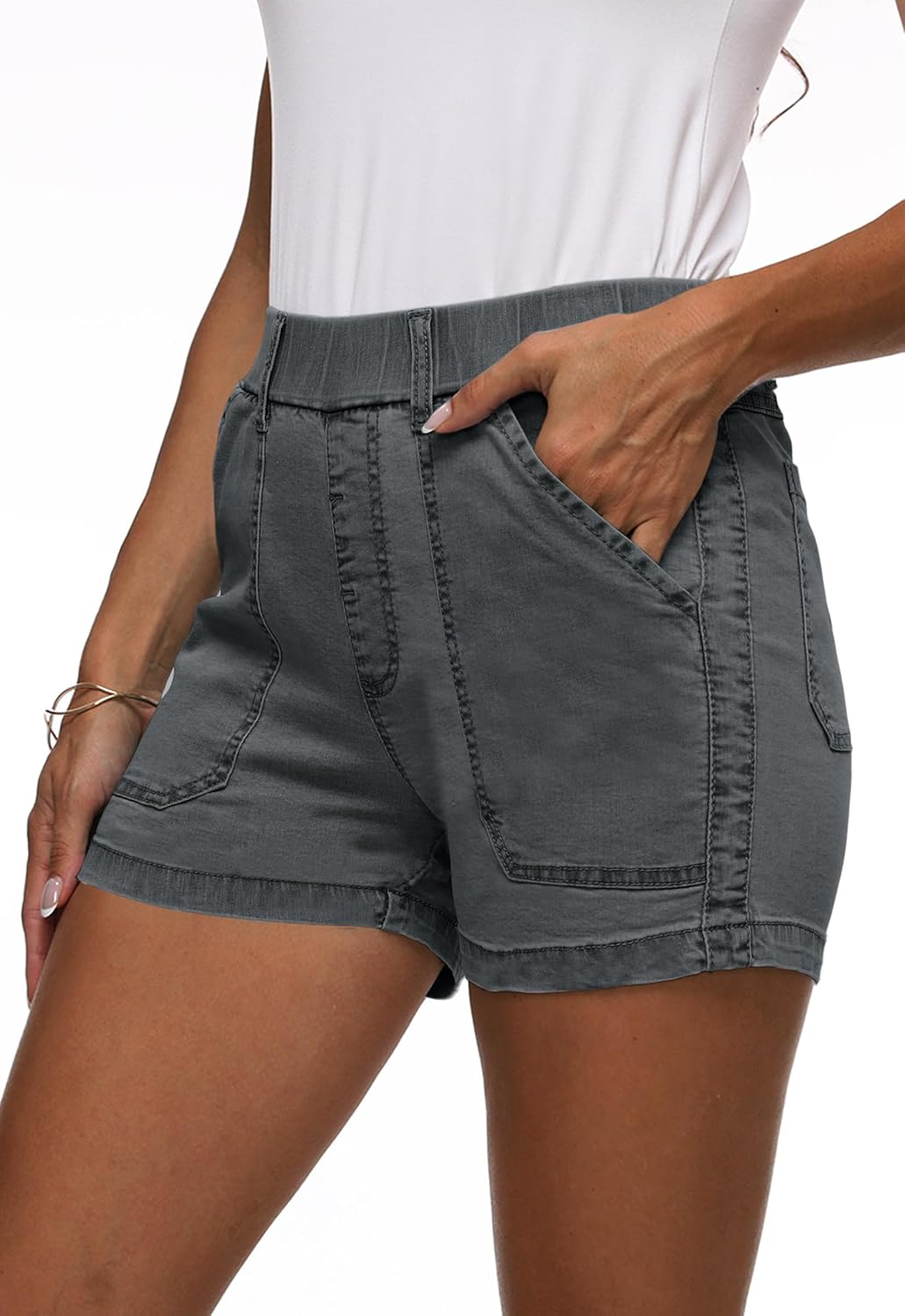 Womens Jean Shorts High Waisted Summer Cotton Elastic Waist Denim Shorts with Pockets
