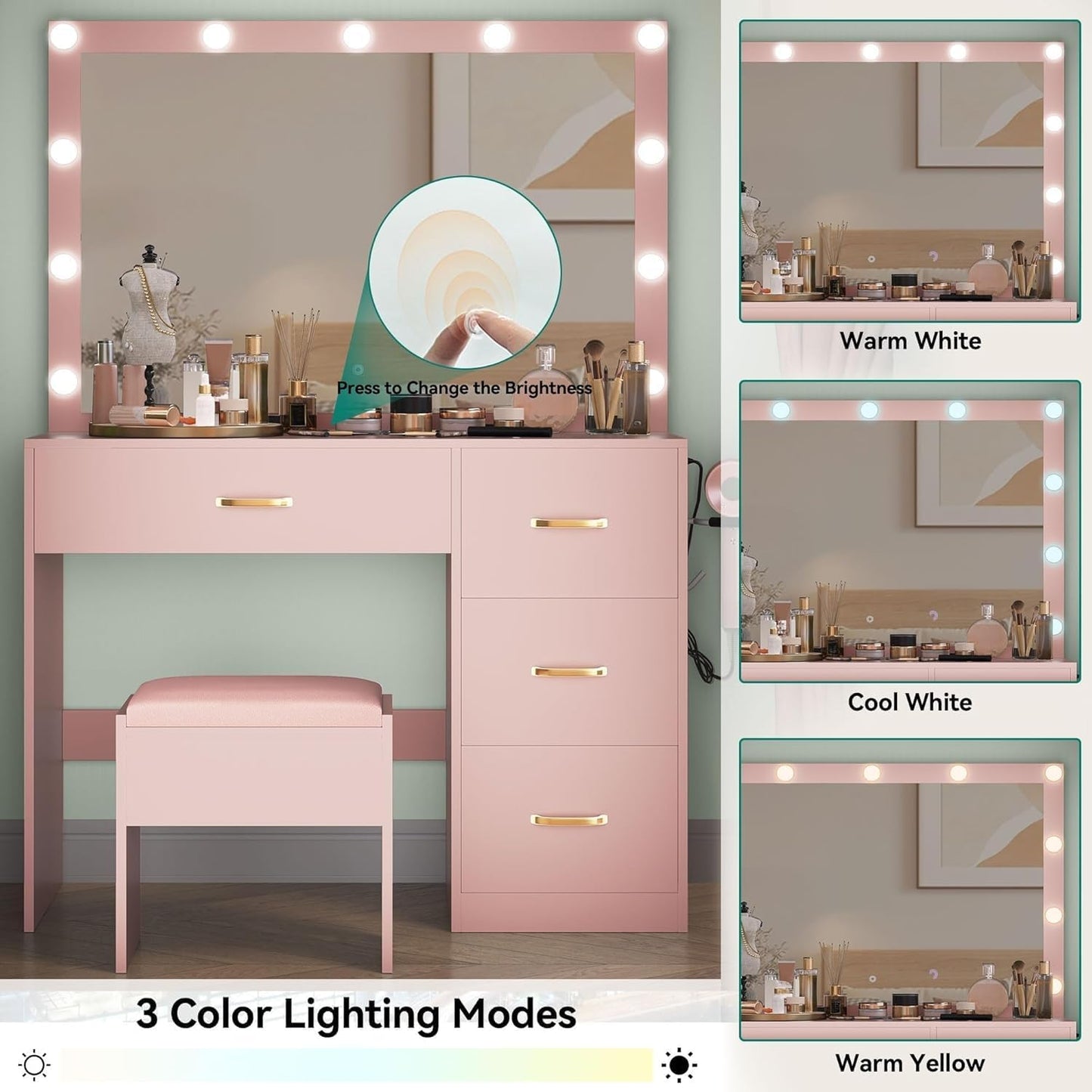 YITAHOME Vanity Desk Set with Large 35" LED Mirror and Lights
