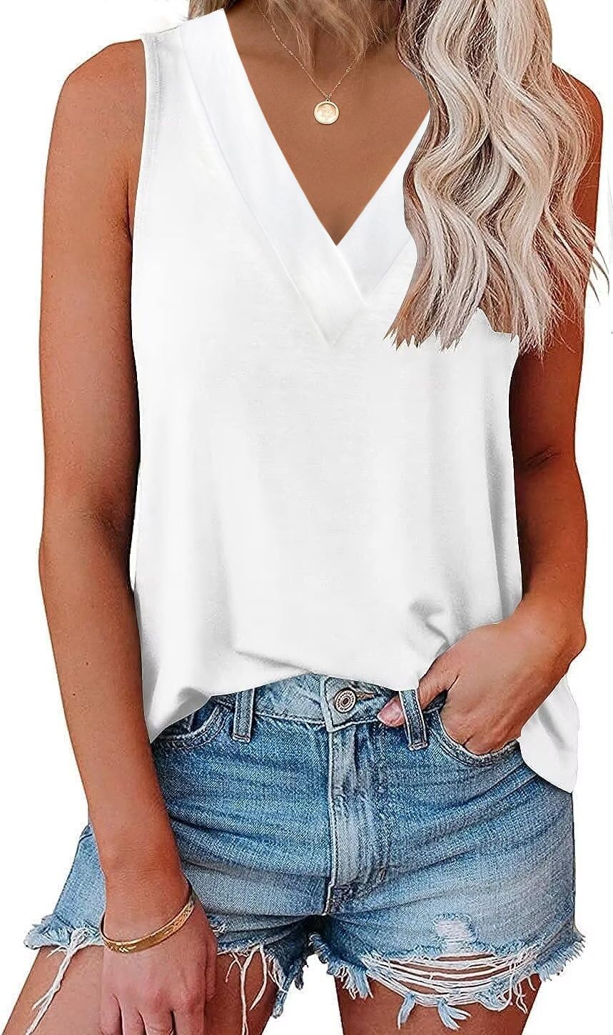 Womens V Neck Tank Tops Summer Sleeveless Tunic Casual Basic True Classic Tees