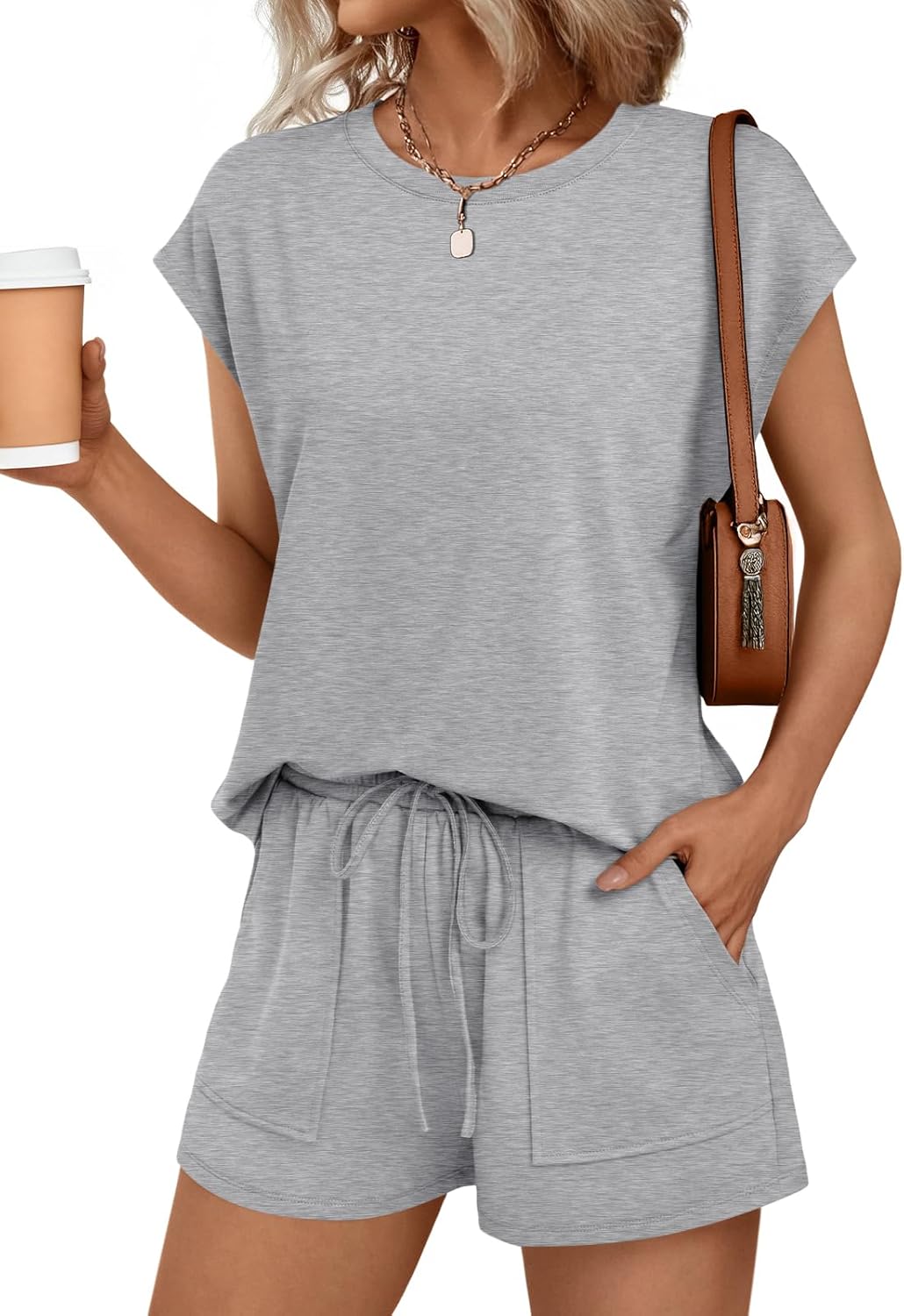 Womens Crew Neck Two Piece short Sets Cap Sleeve Drawstring Sweatsuit with Pocket